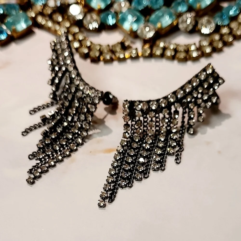 New Gunmetal Crystal Fringe Ear Climbers Earrings
